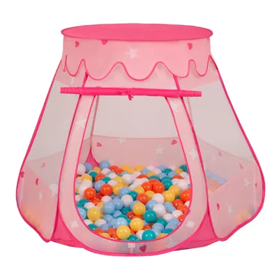 Obrázok produktu pre Selonis Hrací stan 105X90cm/100 loptičiek Hradný domček Pop Up Ballpit Plastové loptičky pre deti, Ružová: Biela-Žltá-Oranžová-BabyModrá-Tyrkysová