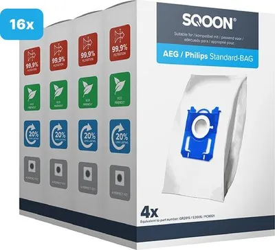 Productafbeelding van SQOON® Stofzuigerzakken geschikt voor AEG / Electrolux / Philips Standard-BAG | 16 stuks
