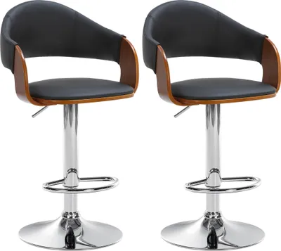 Produktbild von CLP 2er Set Barhocker Nilse Kunstleder I Barstuhl Mit Holzsitzschale I Höhenverstellbares Metallgestell Mit Fußstütze, Farbe: walnuss/schwarz, Gestellmaterial: Metall in Chromoptik
