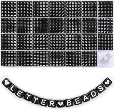Produktbild von 1215 Stück 6 x 6 mm Buchstabenperlen (Weiß auf Schwarz), quadratische Alphabetperlen, Perlen zur Schmuckherstellung, Kandi-Perlen.
