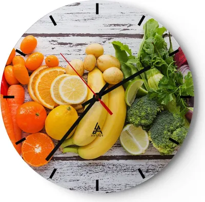 Produktbild von Wanduhr - Rund - Glasuhr - Essen Gemüse Essen frisch - 30x30cm - Schleichendes Uhrwerk - Lautlos - zum Aufhängen bereit - Dekoration Modern - Wanddekoration aus Glas - C3AR30x30-2888
