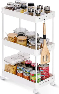Produktbild von Famanu Küchenwagen mit 3 Ebenen, 22 cm breiter Aufbewahrungswagen auf Rollen, weiß, 40 x 22 x 62 cm