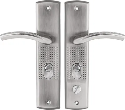 A pair of silver-colored door handles with locks, presented against a white background.