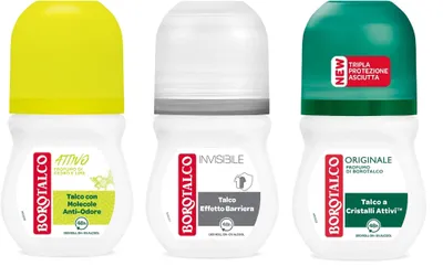 Produktbild von Testpaket Borotalco Deodorant Roll On alkoholfrei und mit Talkum mit Anti-Geruchs-Molekülen, 48h 50 ml + Italian Gourmet Polpa 400g