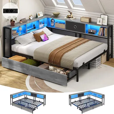 Produktbild von Jugendbett 140x200 mit LED & Ladestation, Schlafsofa mit Stauraum, Tagesbett Eichenasche