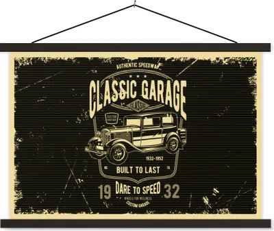 Produktbild von MuchoWow® Textilposter Mancave - Auto - Retro - Schwarz 60x40 cm mit schwarzem Rahmen - Hölzernes