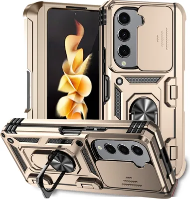 A gold-colored protective phone case for a Samsung Galaxy Z Fold 5 is displayed from multiple angles, showcasing its features.