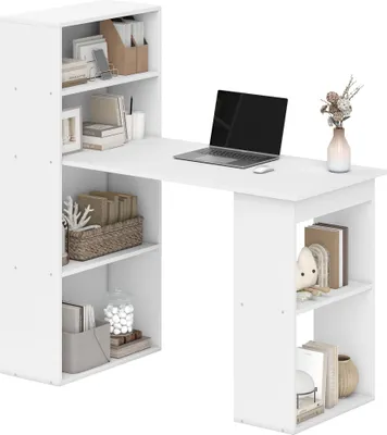 Image de HOMCOM Bureau informatique, bureau avec rangement, 6 compartiments ouverts, table d'ordinateur pour chambre, studio, 120 x 55 x 120 cm, blanc