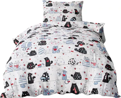 A bedding set with a cat pattern, including a duvet cover and a pillowcase, laid out on a white background.