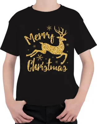 Produktbild von Merry Christmas Rentier Glitzereffekt - Weihnachten Weihnachtsgeschenk Christmas Uni Kinder T-Shirt, Schwarz, 128
