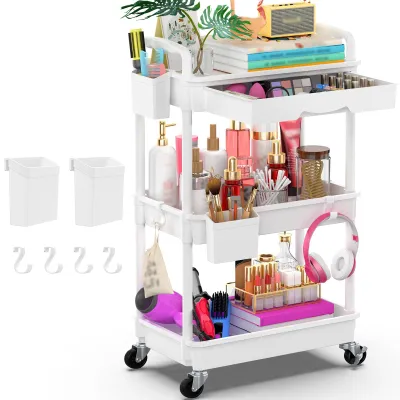 Image de Chariot de service avec 3 étagères et un tiroir, chariot multifonctionnel avec plateau en plastique et roulettes à frein, idéal pour la cuisine, la salle de bains, le bureau et le salon, blanc