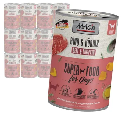 Produktbild von MAC's getreidefreies Nassfutter für Hunde mit Rind und Kürbis, 12 x 400 g, für Gelenke, Haut und Fell