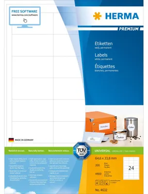Obrázok produktu pre HERMA 4632, Biela, Obdĺžnik, Permanentný, Papája, Matte, Laserový