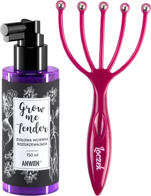 A bottle of hair lotion and a scalp massager are displayed side-by-side against a white background.