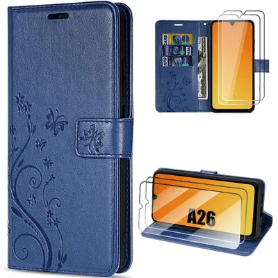 Image de Coque + 2 Verres Trempés pour Samsung Galaxy A26 5G, Flip Case CuirPolyuréthaneAntichoc Motif Plante Papillon Bleu Marine