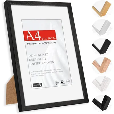 Obrázok produktu pre Rám na obrázky formátu DIN A4 (21x29,7 cm), prírodné drevo, čierna farba, s priehľadnou rámčekom (passepartout) pre formát A5 (15x21 cm), na zavesenie na stenu alebo na postavenie na stôl, vyrobené z prírodného dreva