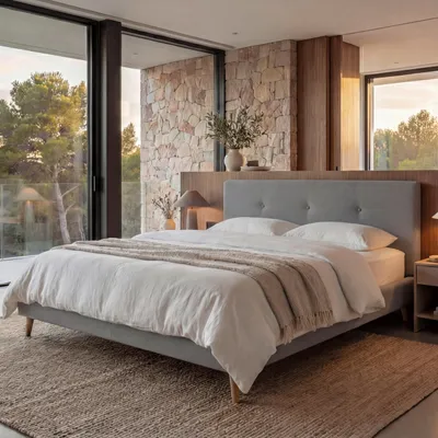 A bedroom with a large bed, natural stone wall, and large windows overlooking a natural landscape.