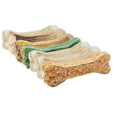 Produktbild von Set mit 7 Kauknochen für Hunde (12 cm) – Sorten: Dental Salbei, Lachs, Strauß, Pansen, Huhn, Vegetarisch, Insektenprotein – 100 % natürlicher Kausnack