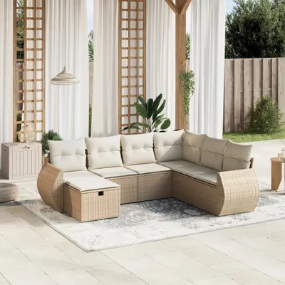 Produktbild von Design 7-tlg. Garten-Sofagarnitur mit Kissen Beige Poly Rattan, Gartenmöbel-Sets 2024 Neu