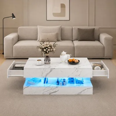 Produktbild von INONEFT Couchtisch mit Hochglanz Marmoroptik, Wohnzimmertisch mit LED Beleuchtung, 2 Schubladen und Offenem Stauraum, Moderner Sofatisch Beistelltisch, KI-generiertes Bild