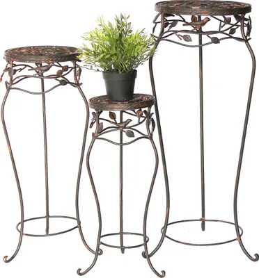 Obrázek produktu pro Květinová stolička kovová černá kulatá sada 3 ks 52 cm / 65 cm / 78 cm Stojan na květiny 18215 Květinový sloupek Starožitný stojan na rostliny Stojan na rostliny Vintage