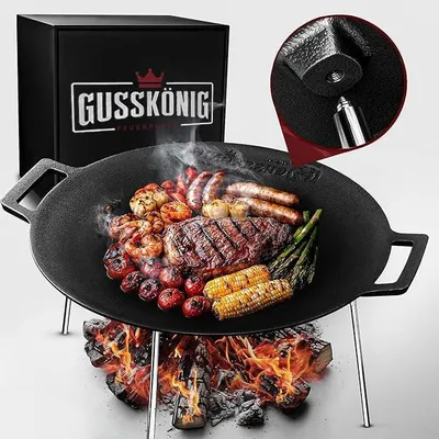 Image de GUSSKÖNIG Plaque de gril en fonte (Ø 42 cm) avec 3 pieds en acier inoxydable - Dutch Oven Plaque de gril en fonte ronde - Plaque de gril à trois pieds - Bol de feu