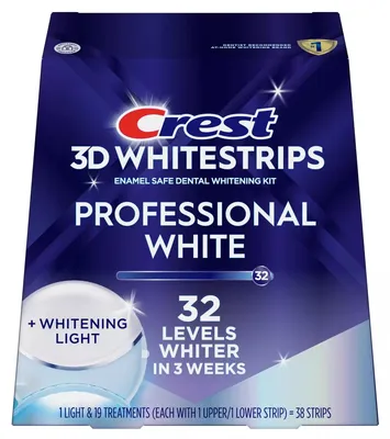 Produktbild von Box 19 x Umschläge, Zahnweiß-Streifen, Crest, 3D White, Professional White + LED, mit UV-Beschleunigerlampe, 19 Tage