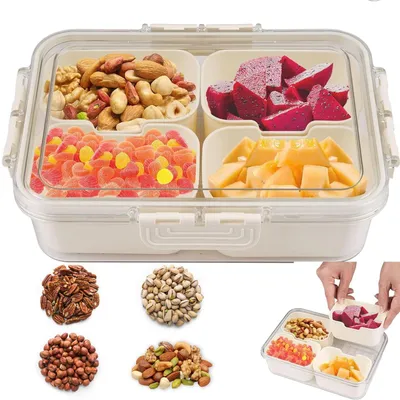 Productafbeelding van Snackschaal met deksel - Snackbox met vakjes - Onderverdeelde Snackbox - Snackbord - Multifunctioneel - Premium materiaal van levensmiddelenkwaliteit