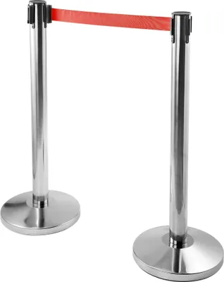 Produktbild von Mobilne słupki odgradzające Wiltec 32 x 7 x 90 cm w kolorze srebrnym, czerwony pasek napinający 200 cm, stojak na barierkę ze stali nierdzewnej, system kontroli tłumu na imprezy