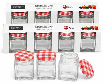 Image de Boîtes de conservation Benza, lot de 8 – 75 ml – Couvercle en métal à motif à carreaux rouges et blancs – Petites boîtes de conservation / pots à confiture – 5 x 5 x 5,5 cm