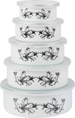 A stack of five white enamel bowls with a black floral and dragonfly motif, each with a clear lid.