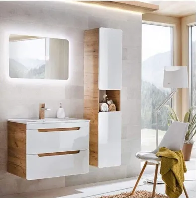 Produktbild von Badmöbel Set ARUBA-WEISS/EICHE 80 Badmöbel Set mit Waschbecken Badmöbelset Waschtisch Spiegel Hochschrank