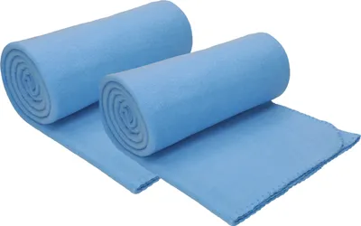 Two rolled-up light blue fleece blankets on a white background.