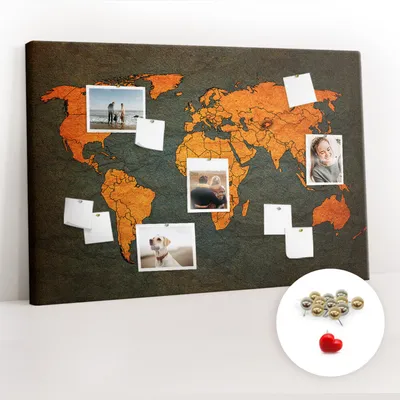 Obrázek produktu pro Korková nástěnka s kolíčky - Tabule s kolíky pro fotografie a poznámky - 120x80 cm - Připínáčky kovové 100 kusů - Mapa světa