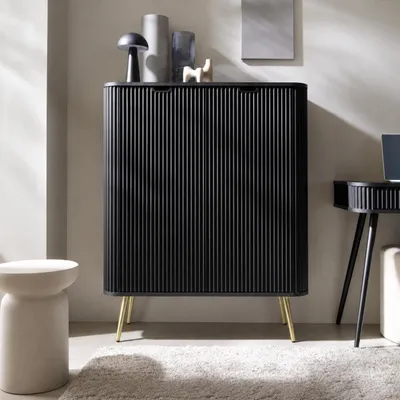 Productafbeelding van Ovale hoge commode PORTO KW2D, met ribbels op de deur, zwarte matte afwerking en gouden poten. Kast, AI-gegenereerde afbeelding