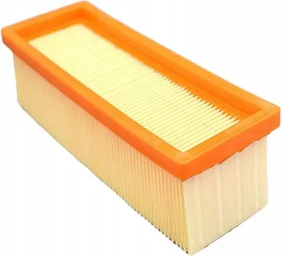 A rectangular air filter with an orange frame and pleated yellow filter material, shown against a white background.