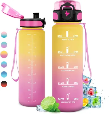 Imagen del producto de Botella de agua de 1 litro, a prueba de fugas, con indicador de tiempo, libre de BPA, ideal para escuelas deportivas