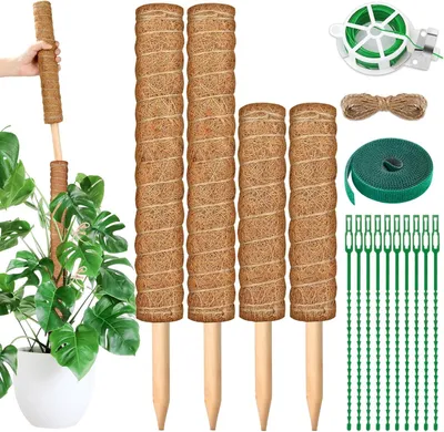 Imagen del producto de Varillas de fibra de coco, 4 unidades, de 42 y 32 cm, para ayudar al crecimiento de plantas trepadoras como la Monstera