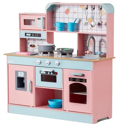 Immagine prodotto di Cucina giocattolo per bambini VEVOR, set di cucina giocattolo in legno con luci e suoni, cucina per bambini con gelatiera, forno, lavello, microonde, frigorifero e accessori per utensili e frutta