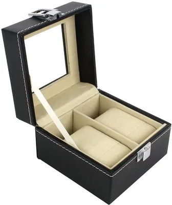 Produktbild von Schwarze Uhrenbox für 2 Uhren, Leder, Glasdeckel, Reiseetui