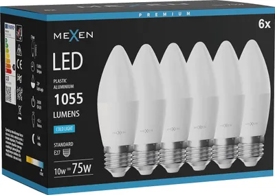 Obrázek produktu pro Mexen Nova 6x LED žárovka E27, C37, 10W, Studená - 6500K, 1055 lm - L102-E27-1065-01x06