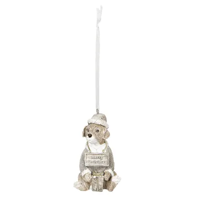 Image de Clayre & Eef - Pendentif en plastique blanc « Chien » 4 x 4 x 8 cm - Décoration de Noël pour sapin