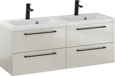 Produktbild von FURNI Waschtischunterschrank RON 120 DUO cm - Kaschmir - Hängender Badschrank mit Mineralguss - Waschbecken - Griffe Schwarz matt - Vormontiert