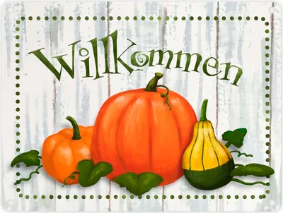 Produktbild von Willkommen Metallschild in 15x20 cm mit herbstlichen Kürbissen