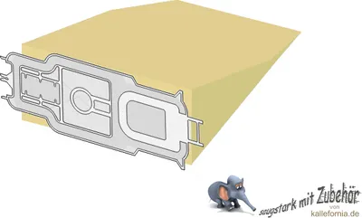 A diagram of a vacuum cleaner filter with a metal frame, next to a small cartoon elephant.