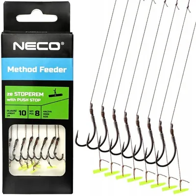 Zdjęcie produktu dla Przypony Method Feeder NECO 10 cm – hak z zadziorem 8, push stop, 8 szt.