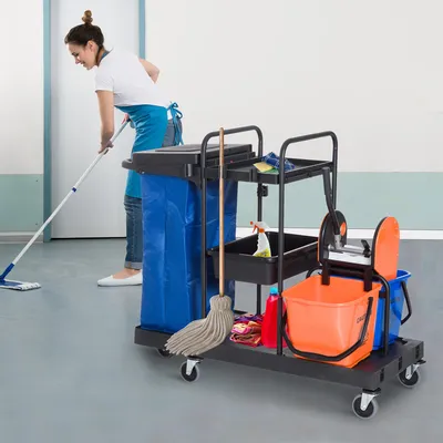 Produktbild von Reinigungswagen Profi 3-stufig mit 2x18L Eimer, Wischwagen Systemwagen Metall, Schwarz/Blau/Orange | 111 x 63,3 x 103 cm | 4 Rollen | 20 kg