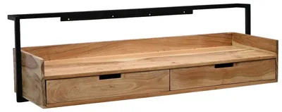 Gesamtansicht eines Wandschreibtischs aus Akazienholz mit schwarzem Metallrahmen und zwei ausziehbaren Holzschubladen.