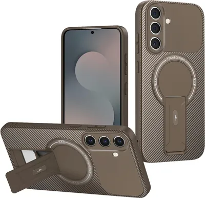 Image de Etui magnétique pour Samsung Galaxy S25 FE, design fibre de carbone, étui TPU hybride avec support Marron
