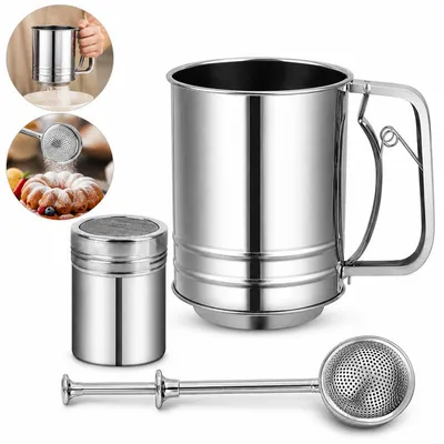 Produktbild von Mehlsieb aus Edelstahl, 3 Tassen, feinmaschig, mit Federgriff und Puderzuckerstreuer, spülmaschinengeeignet, zum Backen von Kuchen und Gebäck